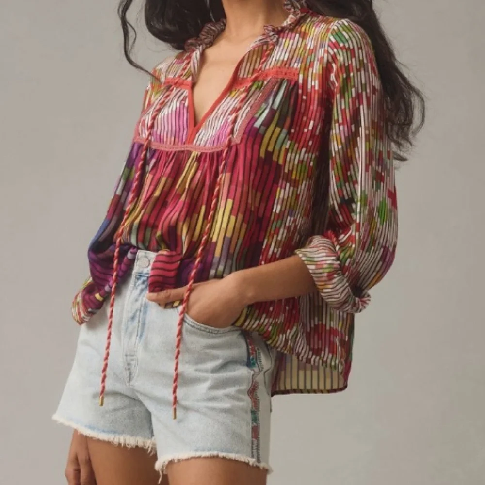 Anthropologie Conditions Apply Inreiza Top Multicolored Block Line Blouse - Picture 4 of 12